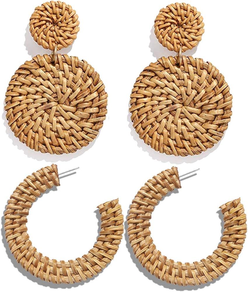 HSWE Rattan Earrings Statement Hoop Earrings for Women Straw Earrings Woven Dangle Drop Earrings (Ra | Amazon (US)
