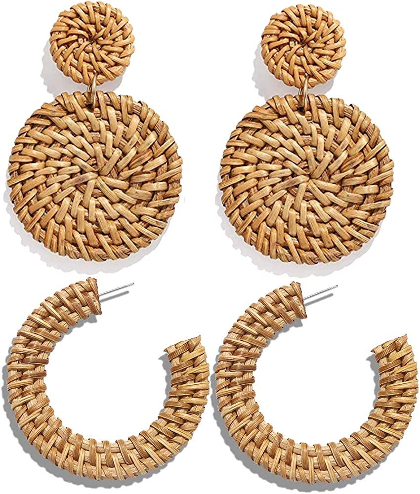 Rattan Earrings Statement Hoop Earrings for Women Straw Earrings Woven Dangle Drop Earrings (Rattan  | Amazon (US)