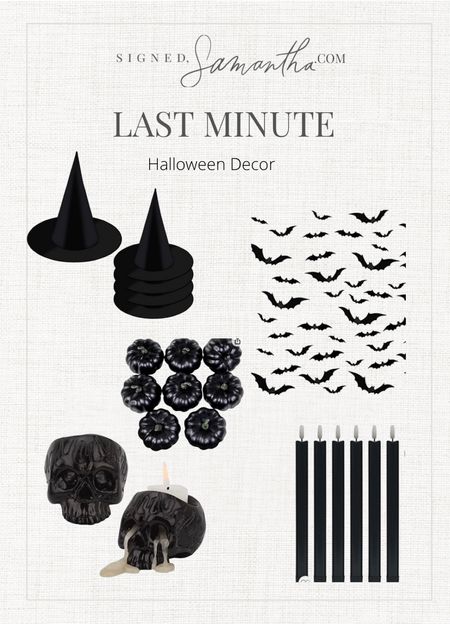 Last minute Halloween decorations. Witches hats. Bats. Pumpkins. Flameless black candles. Skull candles  

#LTKhome #LTKHalloween #LTKunder50