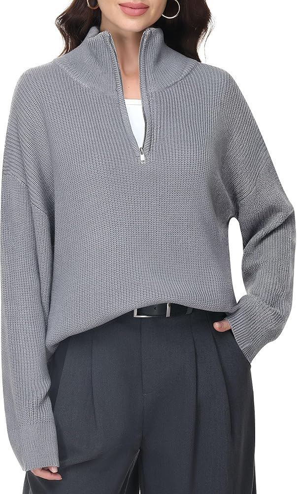 Simlakey Women Quarter Zip Sweater Oversized Collared Ribbed Knit Pullover Long Sleeve V Neck Cas... | Amazon (US)