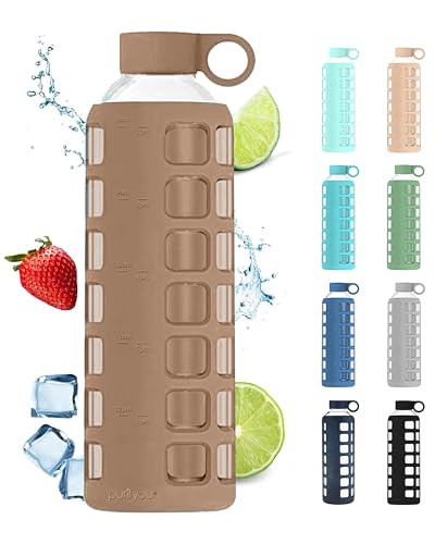 purifyou Glass Water Bottles 40/32 / 22/12 oz with Time & Volume Markings & Extra Thick Silicone Sleeve, Reusable Drinking Bottle for Water Milk Juice (32oz Iced Coffee) | Amazon (US)