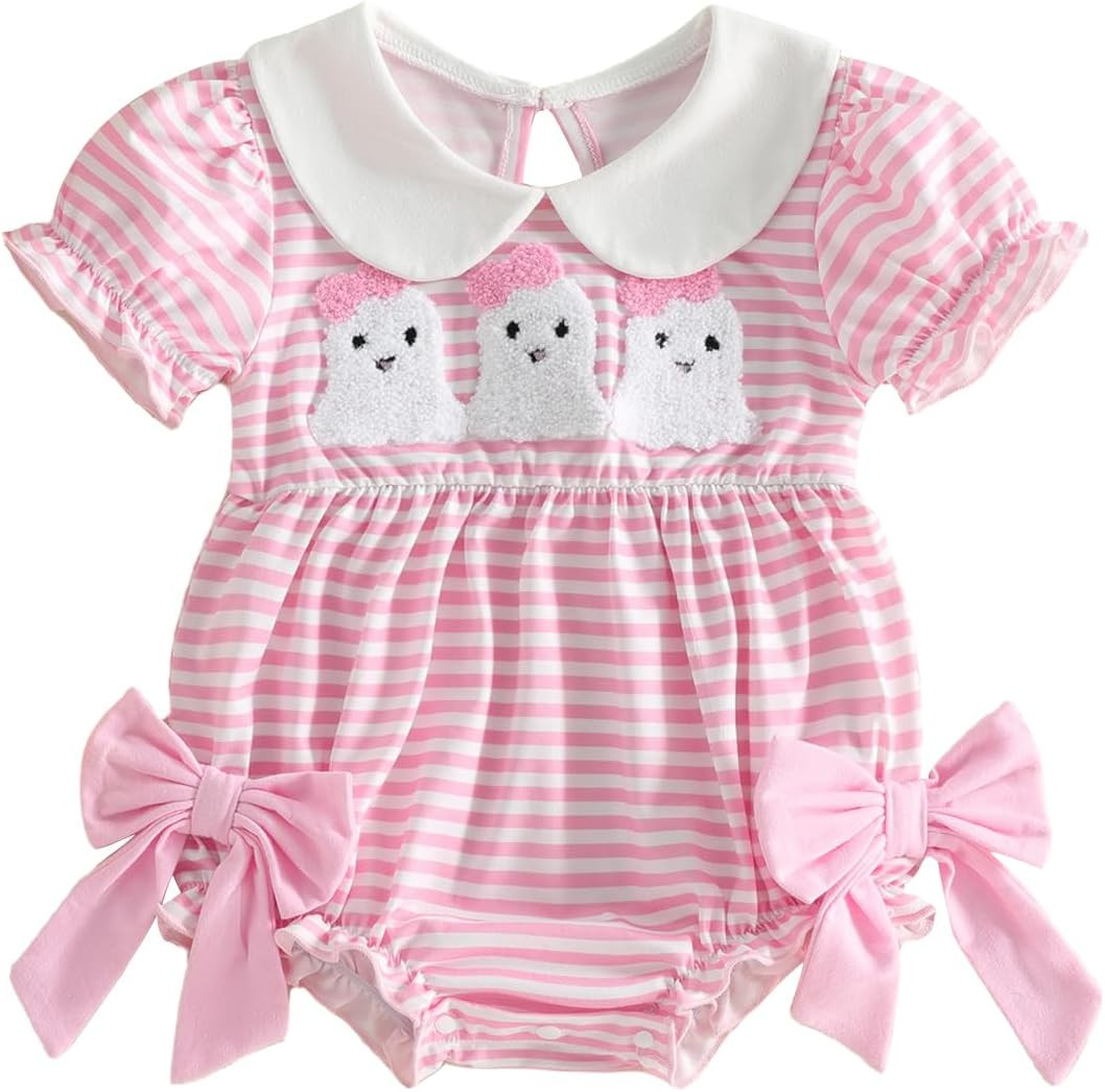 Baby Girl Halloween Outfit Ghost Embroidery Bubble Romper Short Sleeve Striped Jumpsuit Infant Cute Clothes | Amazon (US)