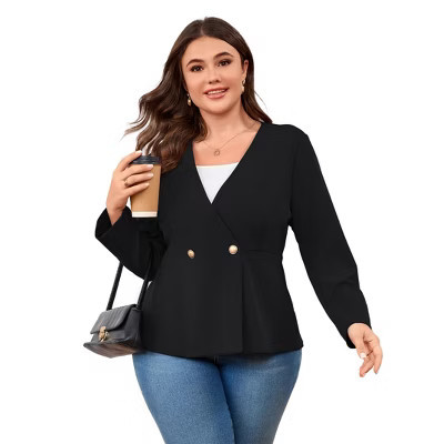 Clearlove Women's Plus Size Blazer Business Casual Two Button Suit Jacket Black X Large | Target