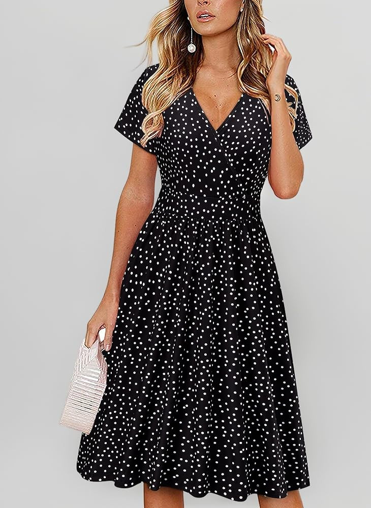 VOTEPRETTY Damen Sommerkleid Kurzarm V-Ausschnitt Wickelkleid Knielang Kleid mit Taschen | Amazon (DE)