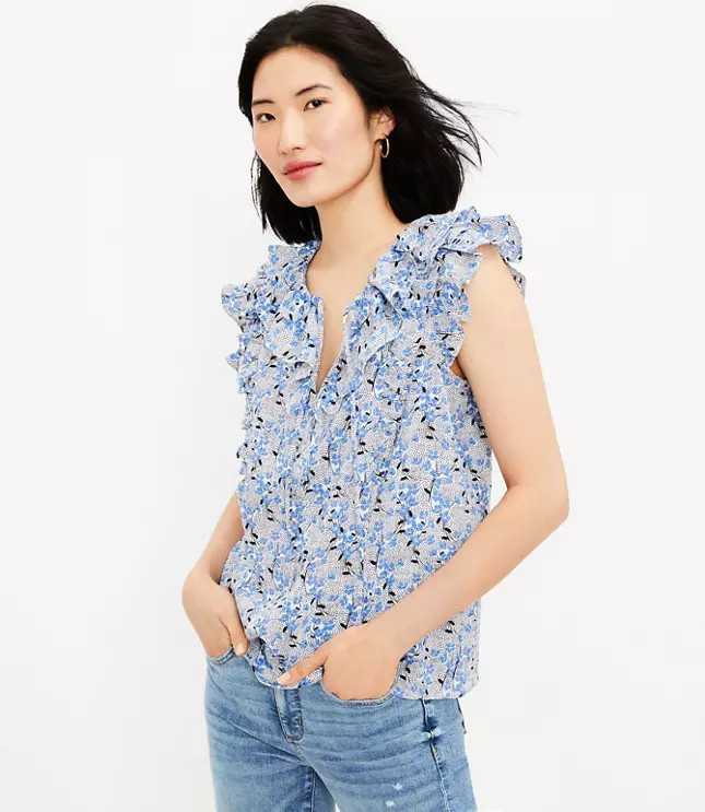 Bouquet Ruffle Tie Neck Shell | LOFT