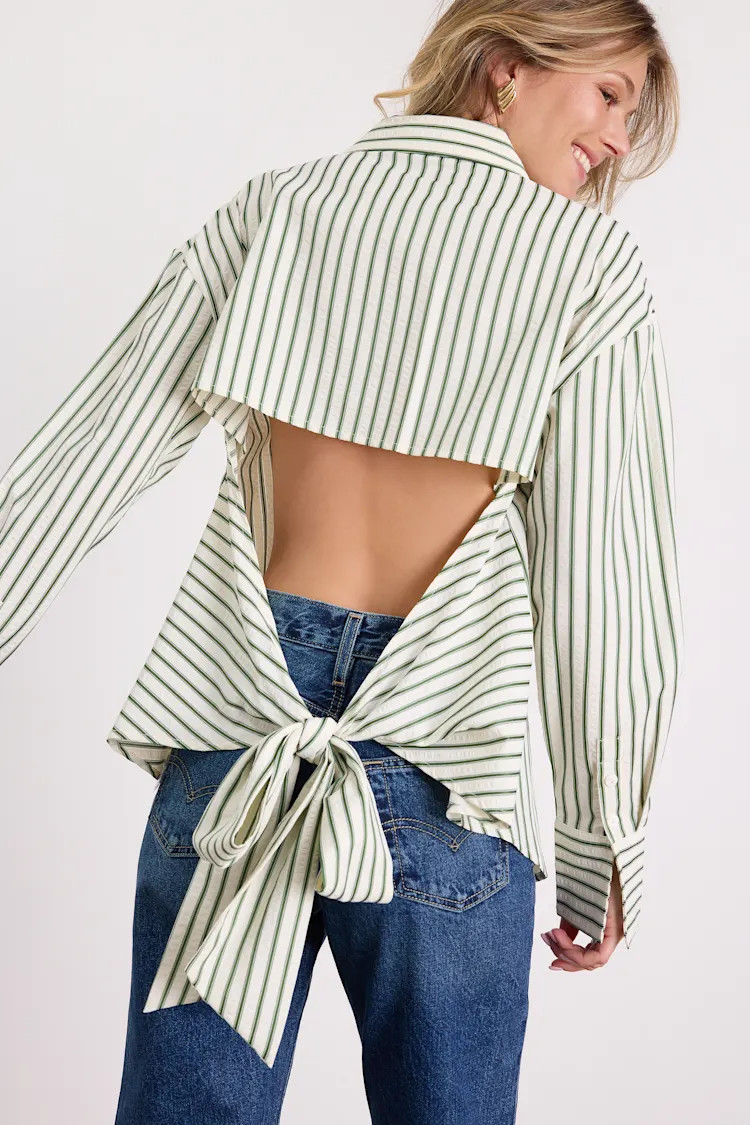 Logan Ivory and Green Striped Cutout Button-Up Long Sleeve Top | Lulus