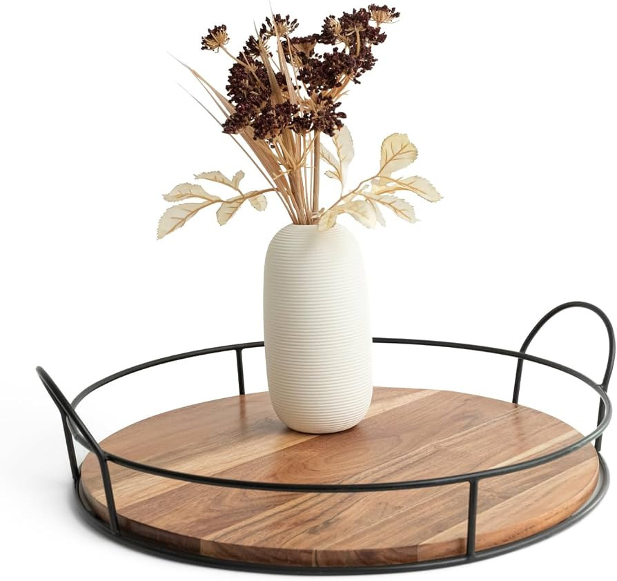 Housewarming Gift - Acacia Wood Round Decorative Tray with Handles for Coffee Table, Serving Tray... | Amazon (US)