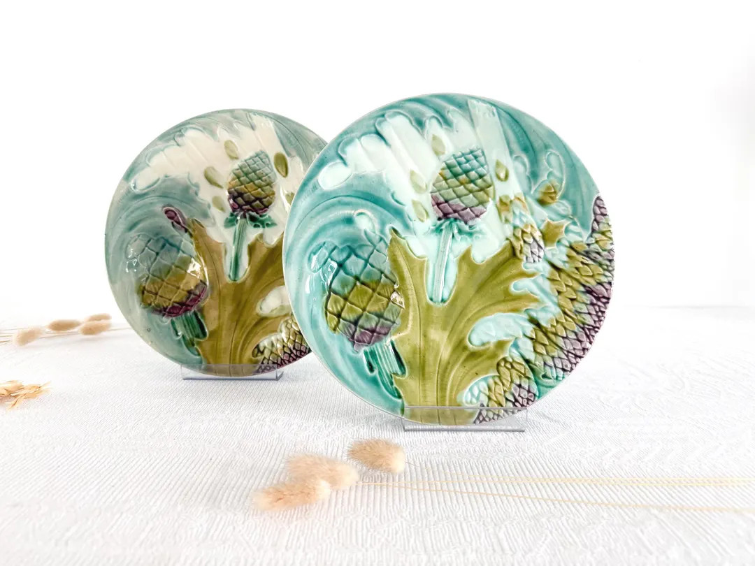 Majolica asparagus/artichoke plate, Keller & Gu\u00e9rin, Lun\u00e9ville, Majolica plate asparagu... | Etsy (Global)