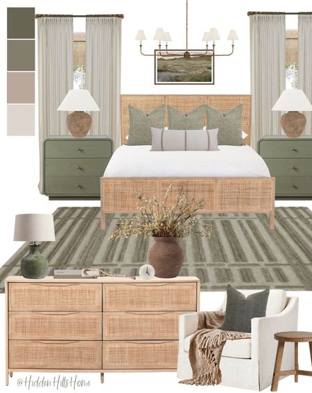 Cane bed mood board, green and beige bedroom design inspo, modern transitional bedroom, master bedroom inspo #bed

#LTKhome #LTKsalealert