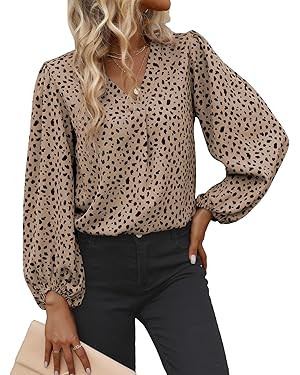 Long Sleeve Blouses for Women, Leopard Print Chiffon Tops V Neck Loose Business Shirts Casual Wor... | Amazon (US)