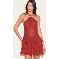 Rust Crochet Halterneck Frill Detail Shift Dress | PrettyLittleThing US