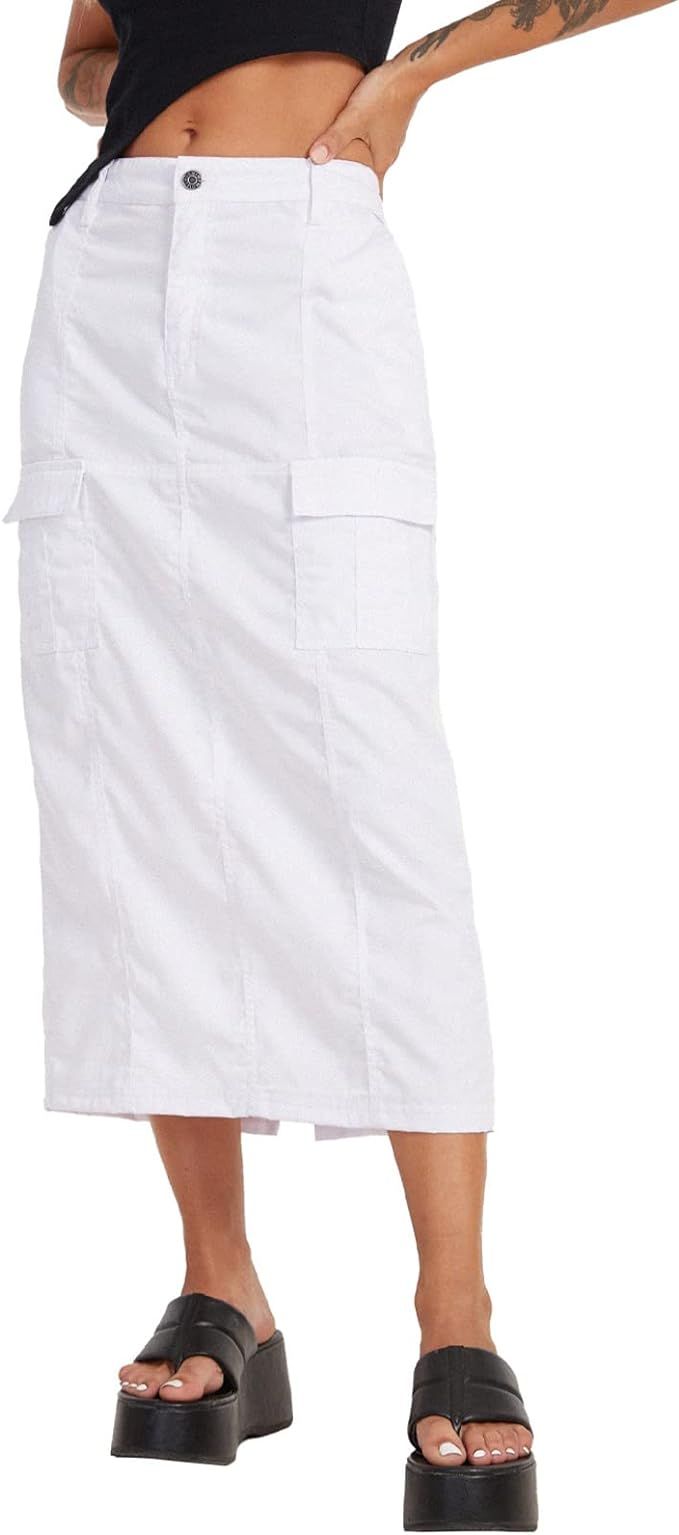 Women's Juniors Cargo Denim Long Skirt High Waisted Stretchy Jean Midi Skirts with Back Slit | Amazon (US)