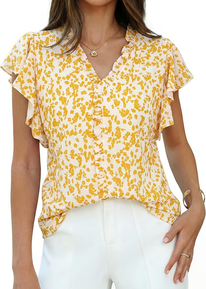 GRACE KARIN 2026 Boho Tops for Women Dressy Casual,Ruffle Sleeve Chiffon Blouses Work Shirts,V Ne... | Amazon (US)