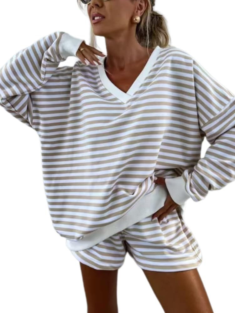 Melliflo Women 2 Piece Outfits Lounge Sets Striped Print Long Sleeve V Neck Sweatshirt and Shorts... | Amazon (US)