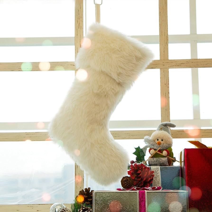 Glithome 21" L White Plush Christmas Stocking with Hooked Xmas Stocking for Christmas Decorations... | Amazon (US)