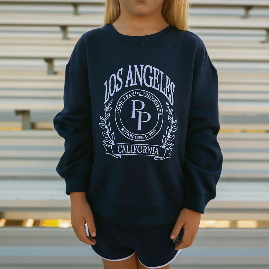 Collegiate Blue Long Sleeve Varsity Navy Fleece Sweatshirt | Posh Peanut® | Posh Peanut
