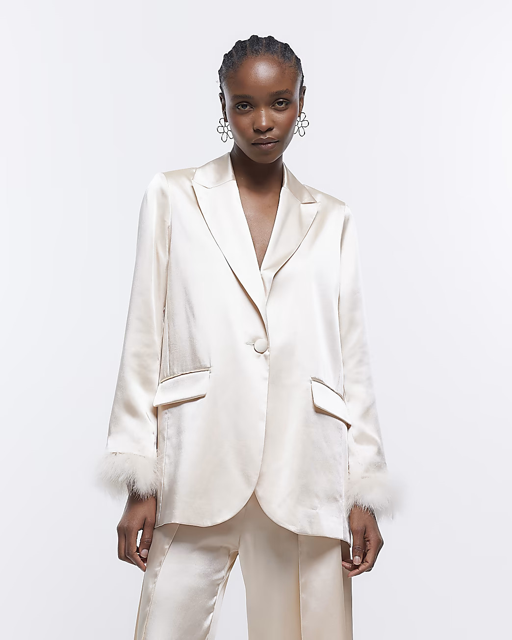 Cream Satin Feather Cuff Blazer | River Island (UK & IE)