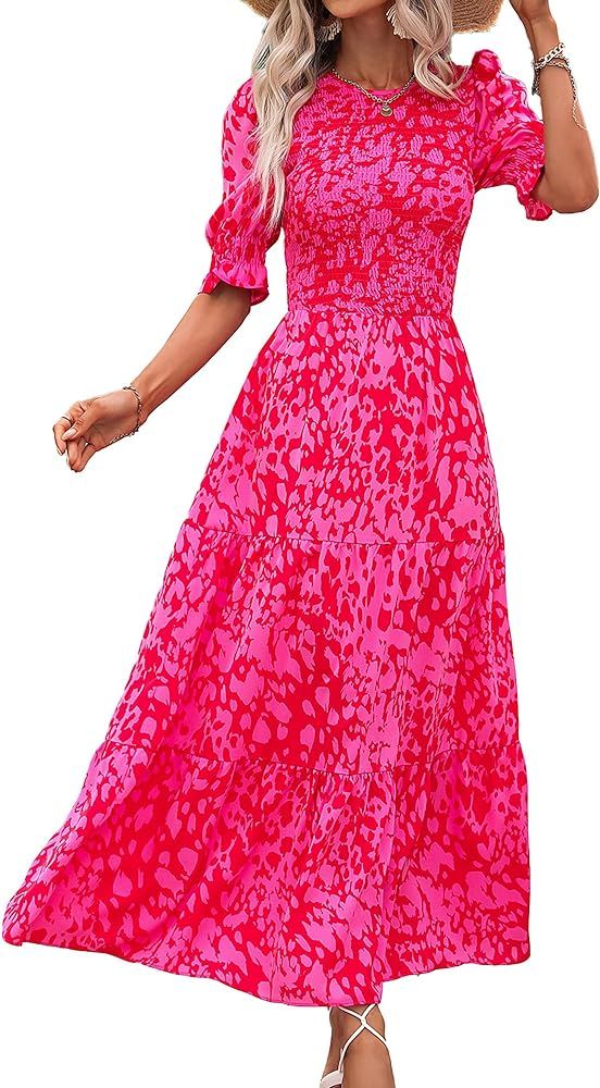 BTFBM Women Casual Summer Dresses 2024 Spring Crew Neck Ruffle Short Sleeve Floral Print Smocked ... | Amazon (US)