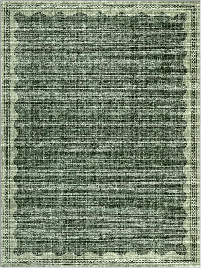 Scalloped Washable Rug 8x10 Area Rugs for Living Room, Solid Green Rug for Bedroom Girls, Non Sli... | Amazon (US)