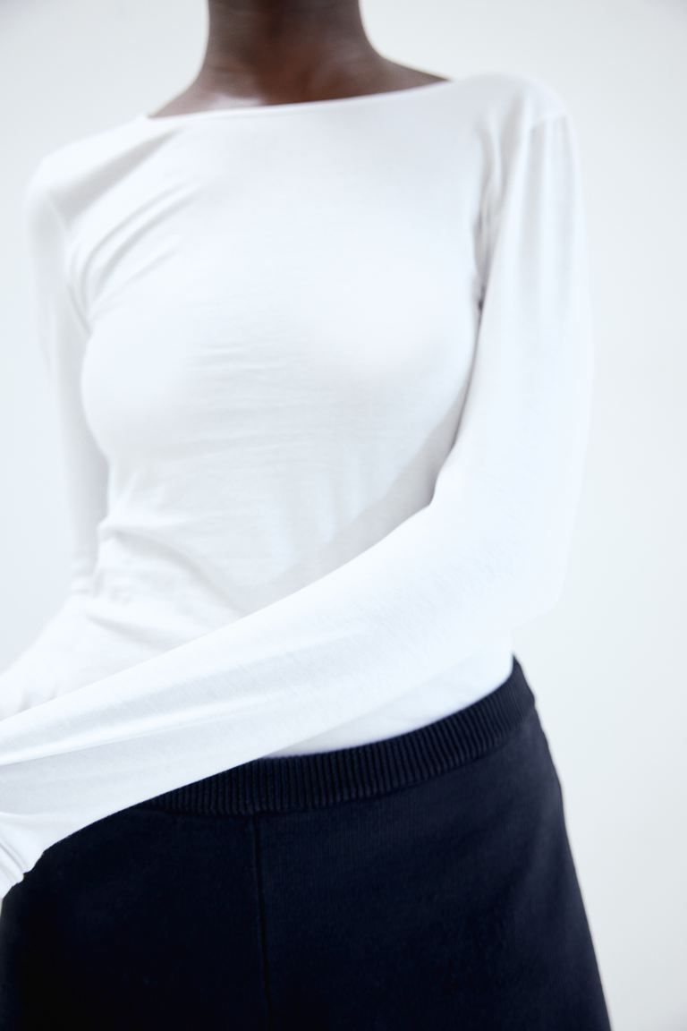 Long-sleeved Jersey Top - White - Ladies | H&M US | H&M (US + CA)