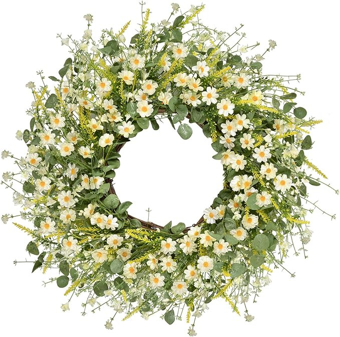24 Inches Artificial Daisy Flower Wreath with Eucalyptus Leave Silk Flower White Berries Spring S... | Amazon (US)