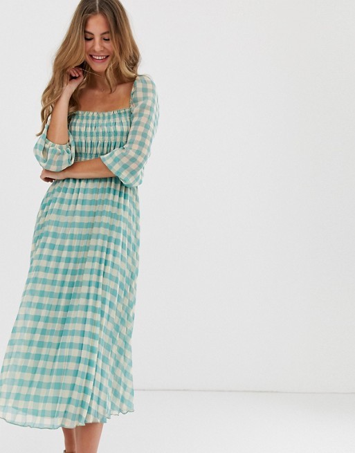 ASOS DESIGN shirred pleated midi dress in gingham print | ASOS US
