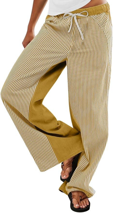 Low Rise Striped Pants for Women Pull On Drawstring Boho Wide Leg Jeans Trendy 2025 | Amazon (US)