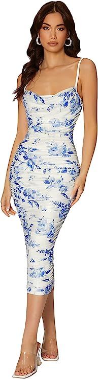 Floerns Women's Floral Print Spaghetti Strap Draped Neck Bodycon Midi Dress | Amazon (US)