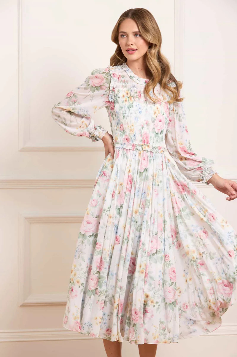 Pompadour Garden Chiffon Smocked Ballerina Dress | Needle & Thread