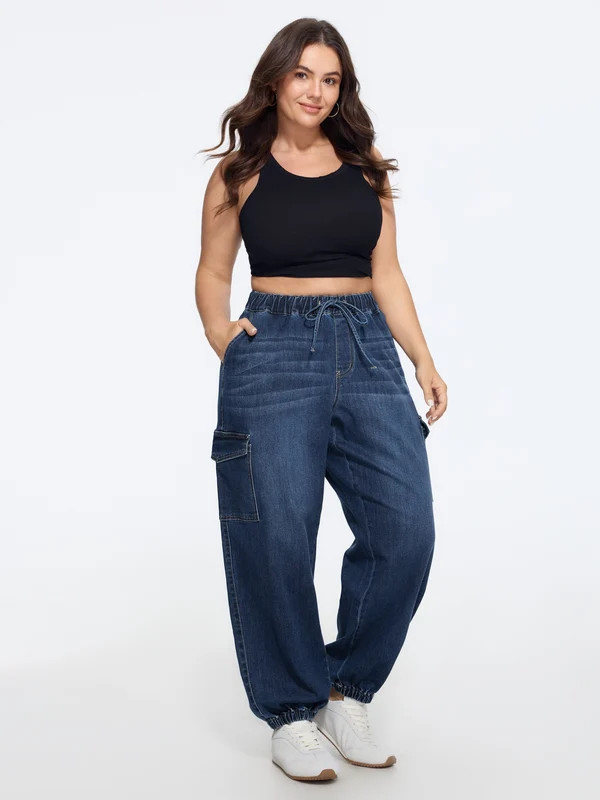 Stretchy Elastic Waist Cargo Pocket Jogger Jeans | Bloomchic