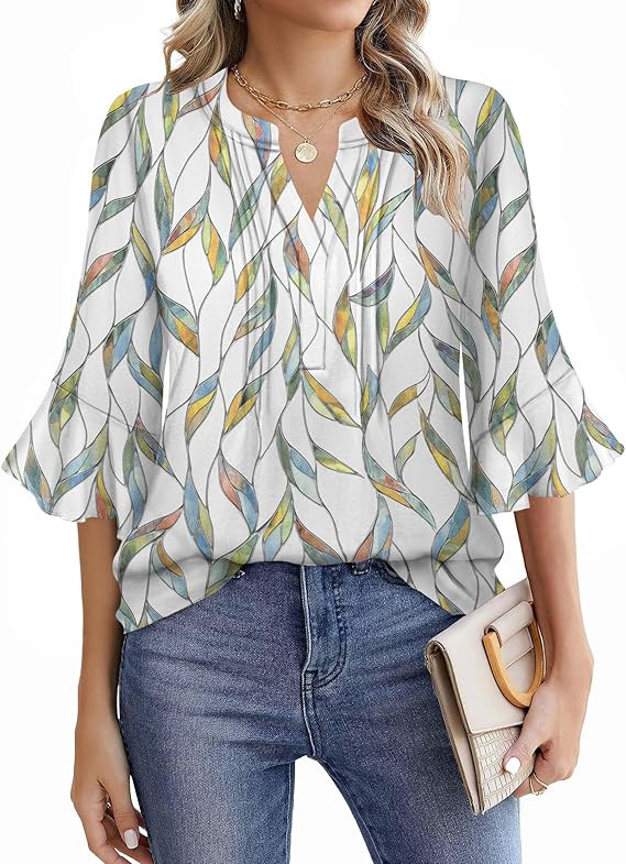 Lylinan Tops for Women V Neck Blouses 3/4 Ruffle Sleeve Casual Work Style Floral Print Designs S-... | Amazon (US)