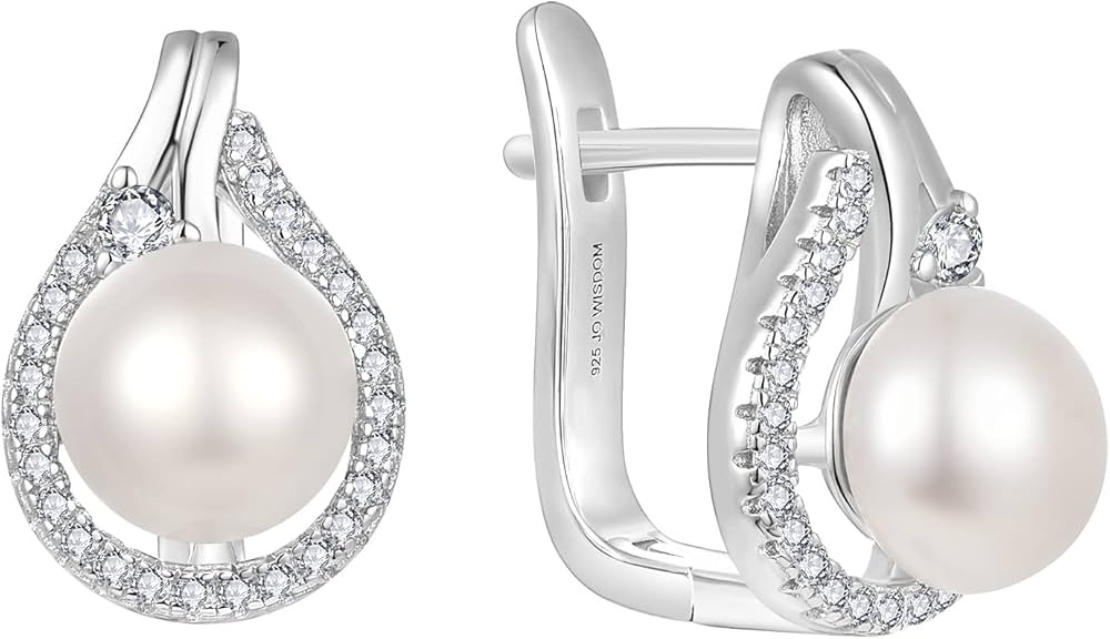 JO WISDOM 925 Sterling Silver Hoop Earrings with Simulated Danlge Pearl(white/Black) | Amazon (US)