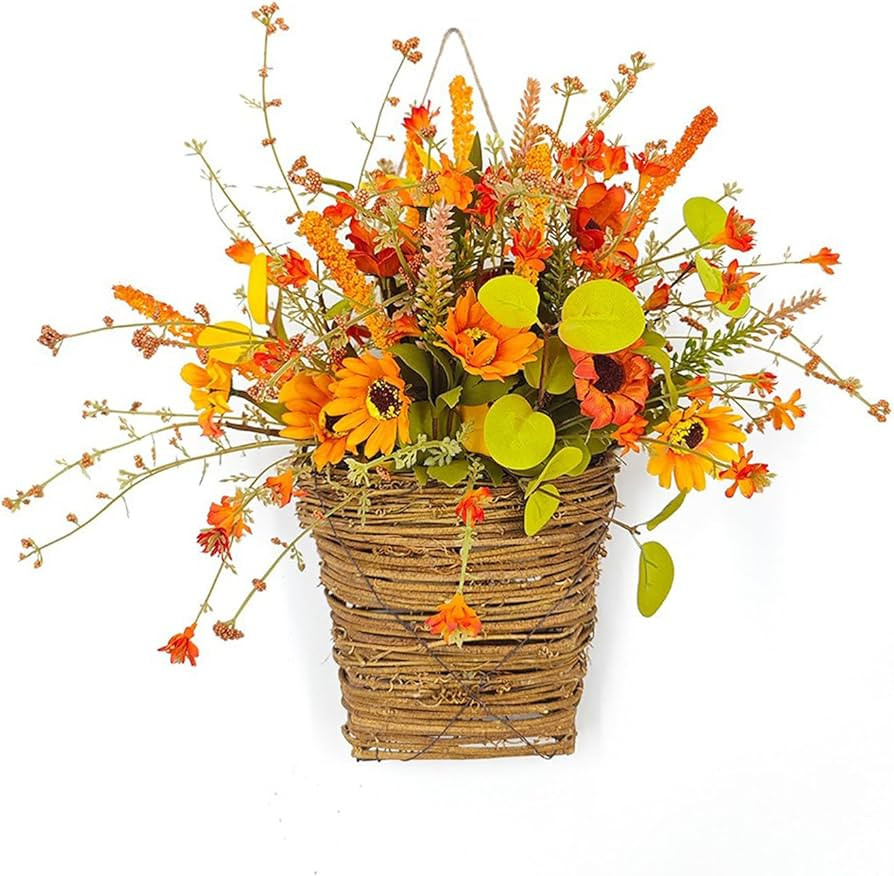 Autumn Flower Basket Door Hanging, Fall Door Wreath, Artificial Autumn Flower Rattan Basket Decor... | Amazon (US)