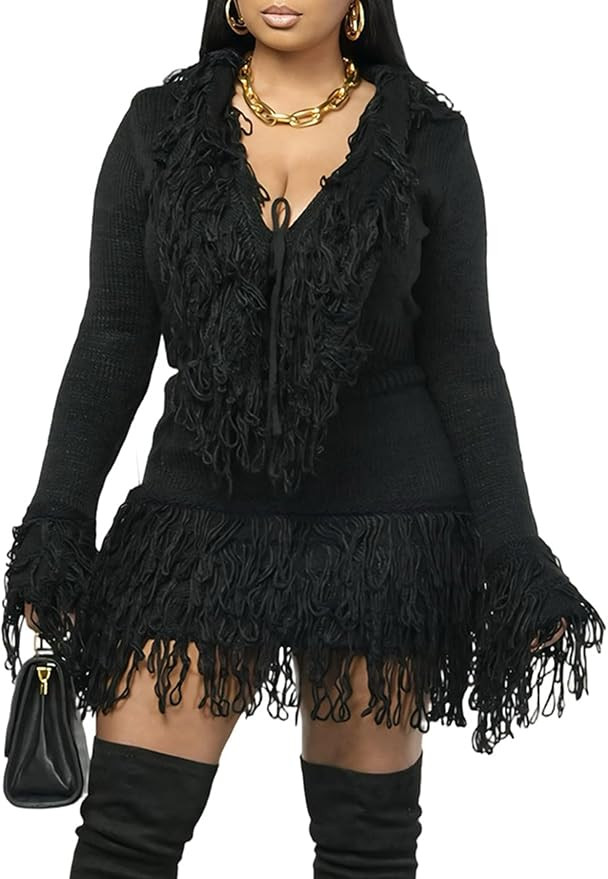 Tbahhir 2 Piece Sweater Skirt Set for Women Fall Long Sleeve Fringe Sweaters Tops and Bodycon Tas... | Amazon (US)