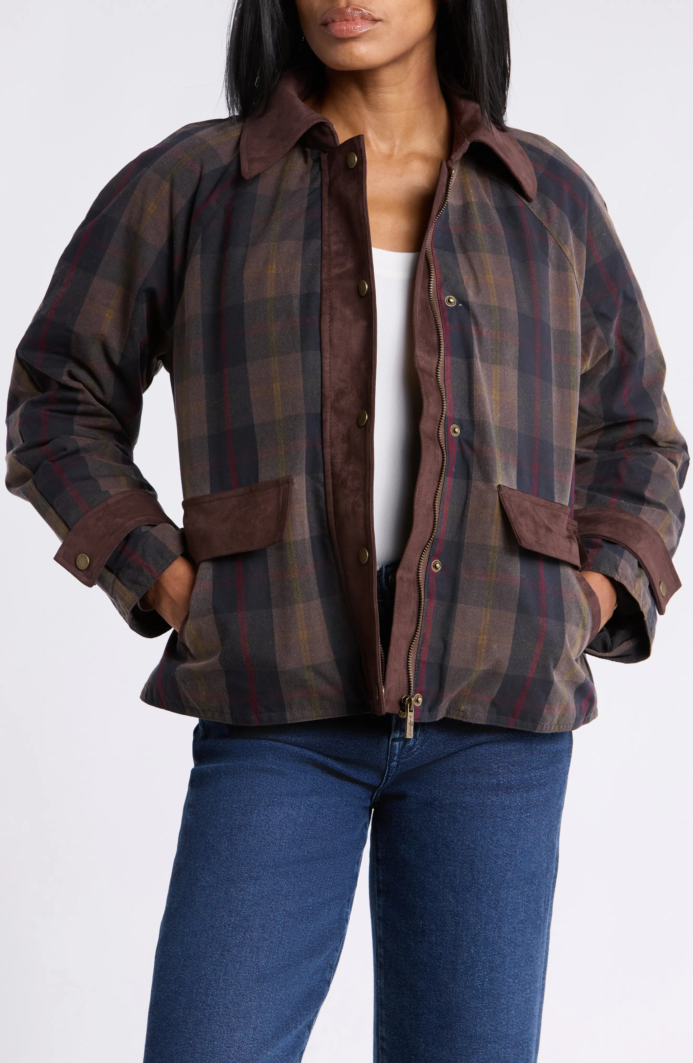 7 For All Mankind Plaid Quilted Barn Jacket with Faux Suede Trim in Brown-Navy Plaid at Nordstrom Rack, Size X-Large | Nordstrom Rack
