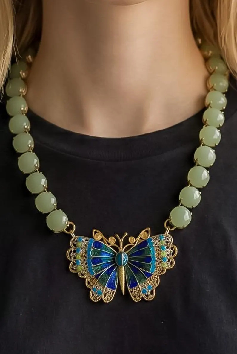 The Butterfly Effect Collectible – Vintage Enamel Butterfly Necklace, Mint Green Rivoli Stateme... | Etsy (Global)