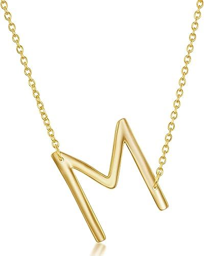 14k Gold Over Sterling Silver Sideways Initial Necklace A-Z Pendant Gold Letter Necklace for Wome... | Amazon (US)