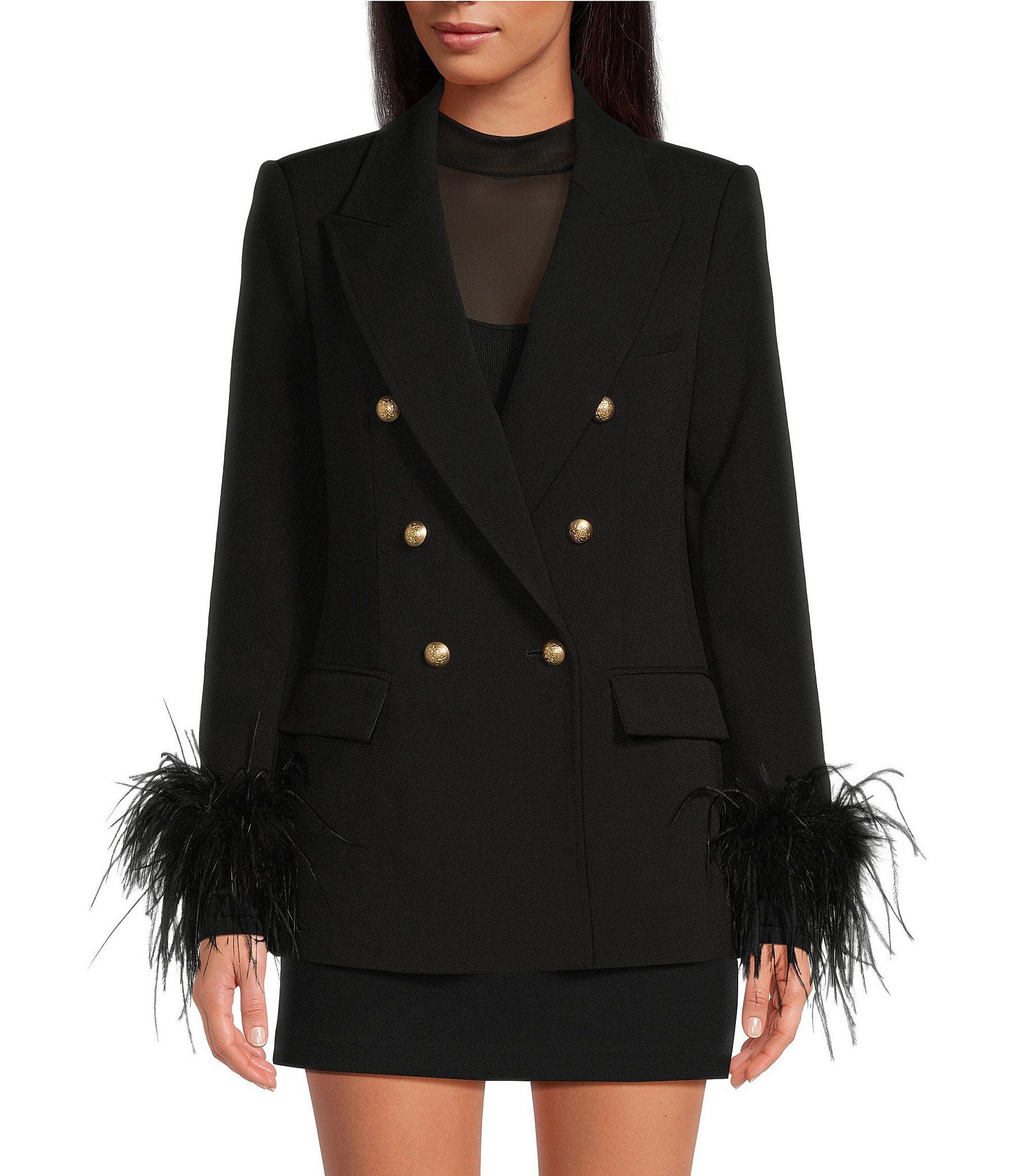 Double Breasted Notch Lapel Ostrich Feather Cuff Blazer | Dillard's