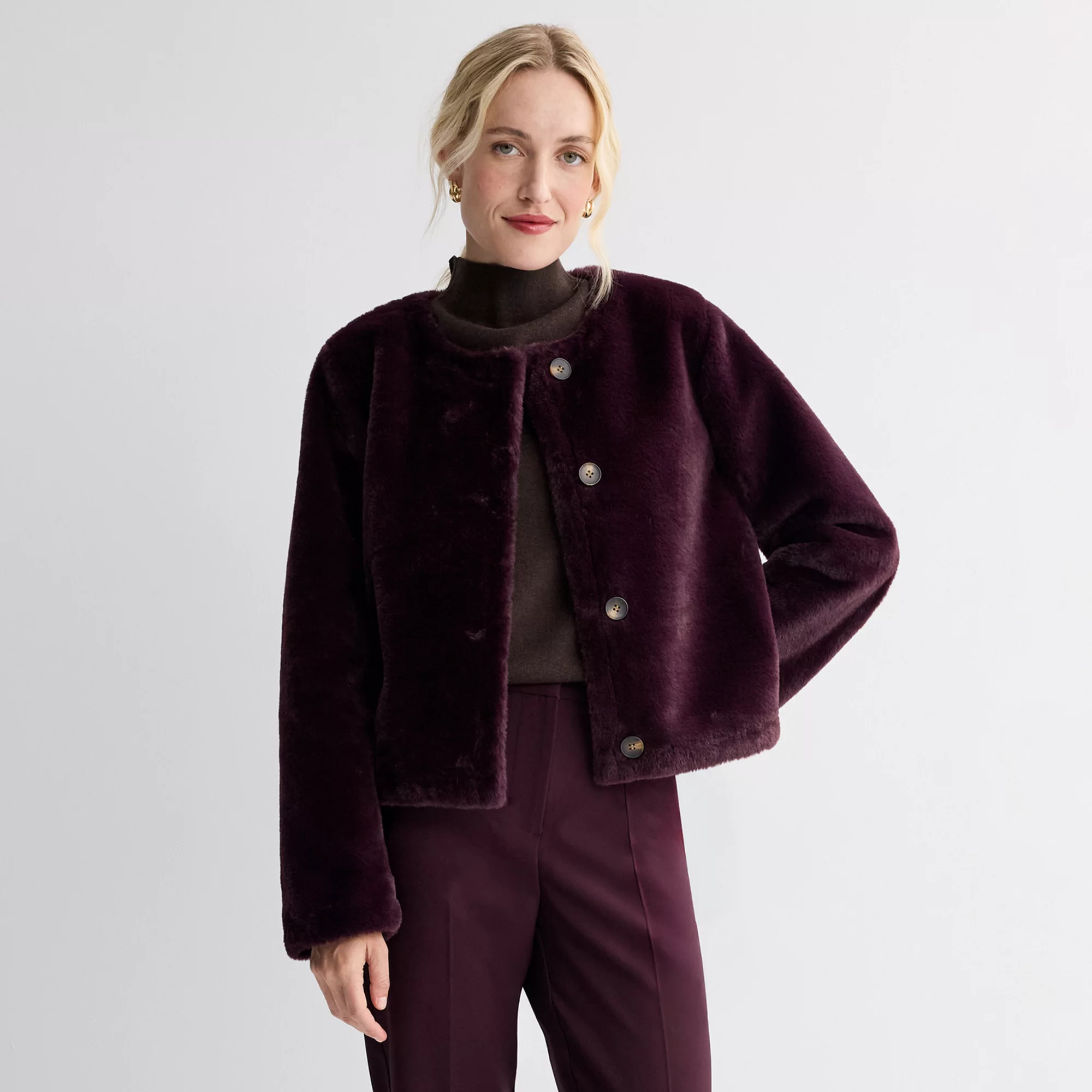 Women's Nine West Collarless Faux Fur Jacket, Size: XL, Brown Time | Kohl's