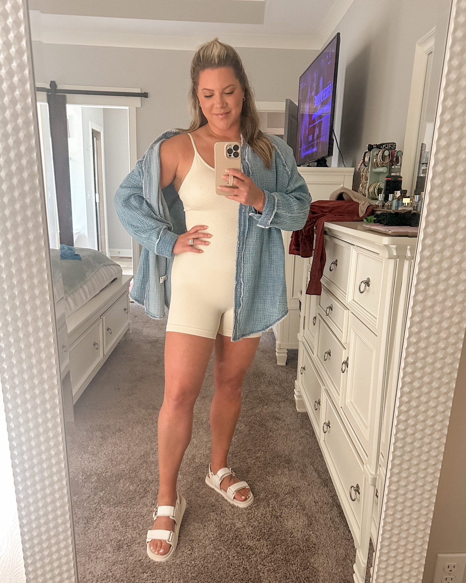 Cutest jumpsuit! So soft and sucks you in. Has removable padding and adjustable straps! Shoes are a dupe for a more expensive brand  - they’re also 20% off right now! Baseball mom fit 

#LTKFind #LTKstyletip #LTKsalealert