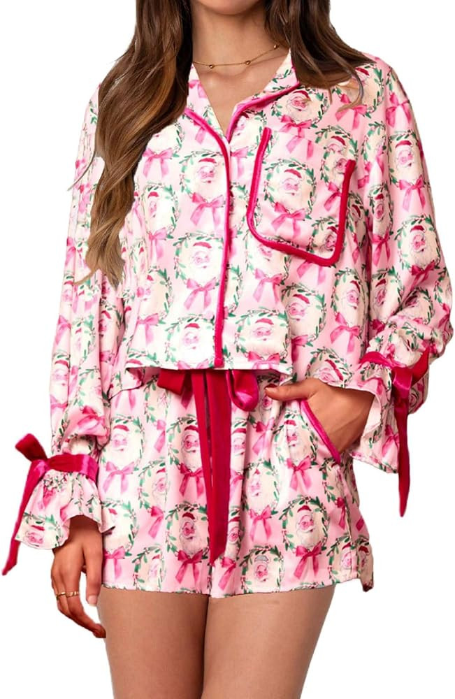 Women Holiday Party Pajamas Cute Satin Silk PJs 2 Piece Outfits Long Sleeve Button Down Shirt Lou... | Amazon (US)