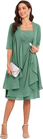 2 Piece Mother of The Bride Dresses for Wedding with Jacket Chiffon Ruffle Formal Evening Gown | Amazon (US)