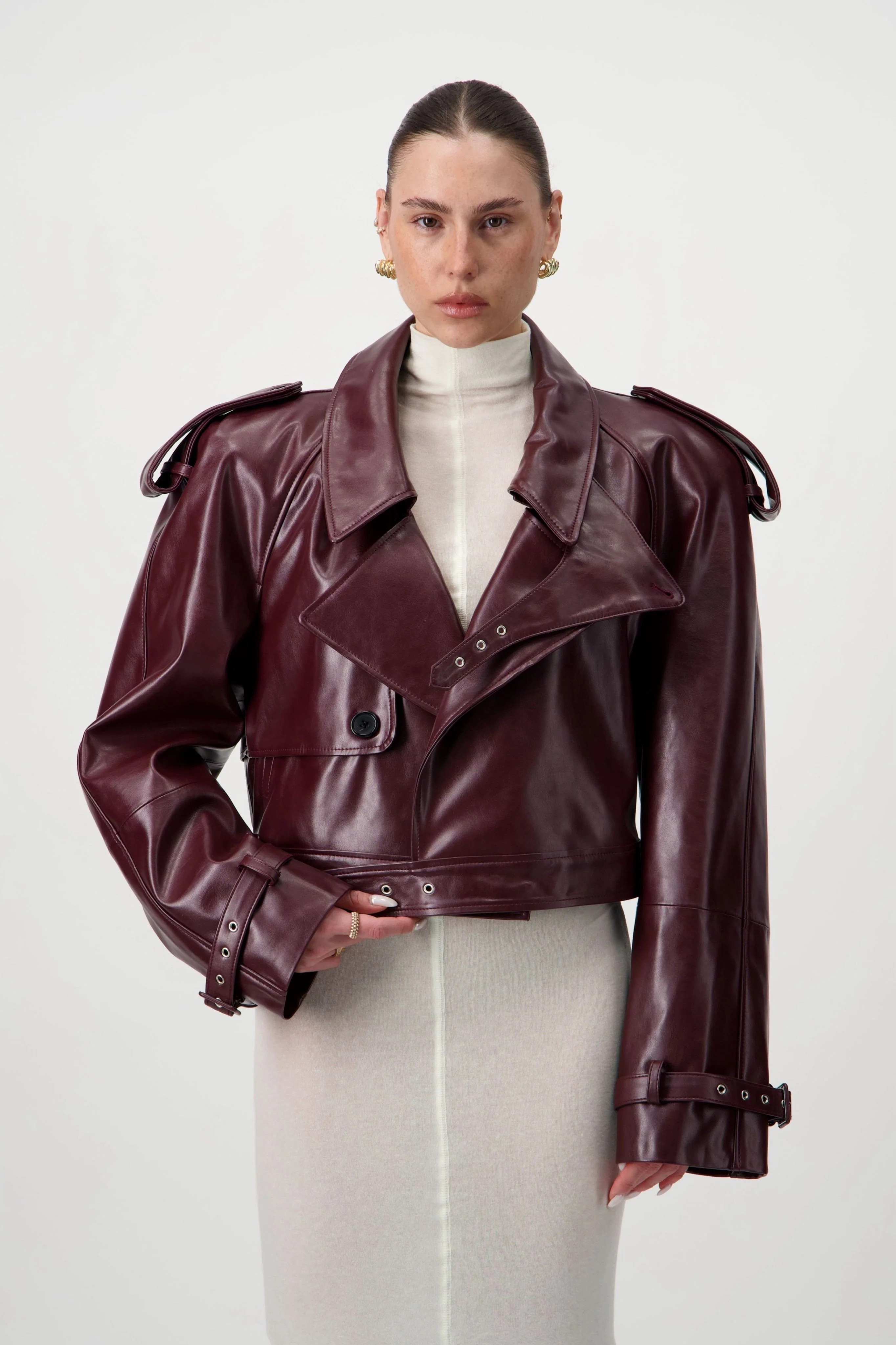 Cropped Trench Leather Jacket - Burgundy | Afterhours