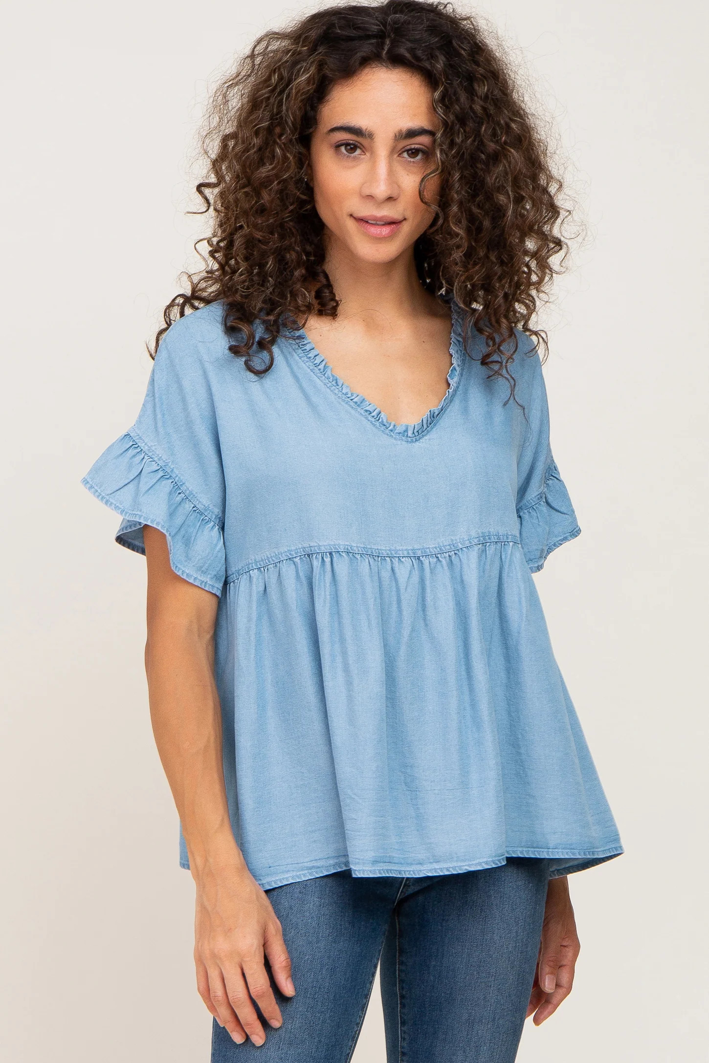 Blue Chambray Ruffle Peplum Blouse | PinkBlush Maternity