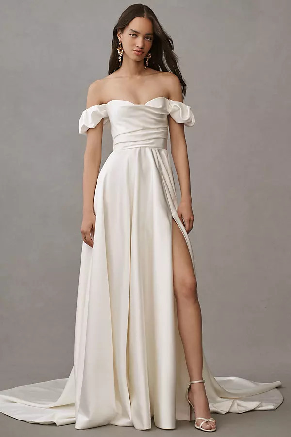 Kennedy Off-The-Shoulder A-Line Satin Wedding Gown | Anthropologie (US)