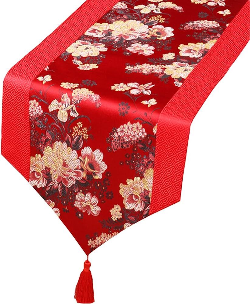 George Jimmy Chinese Classical Table Runner Traditional Satin Table-Cloth-Red Peony | Amazon (US)