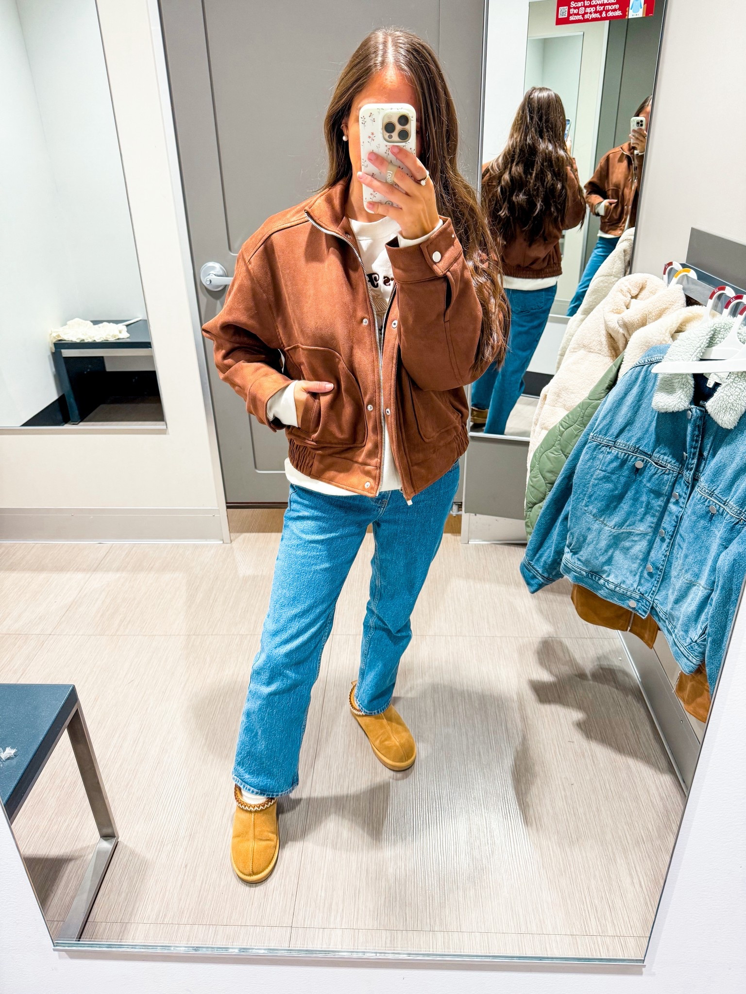 Target faux suede bomber jacket wearing XS 
Denim tts xshort 
Shoes tts 

#LTKFindsUnder100 #LTKStyleTip #LTKFindsUnder50