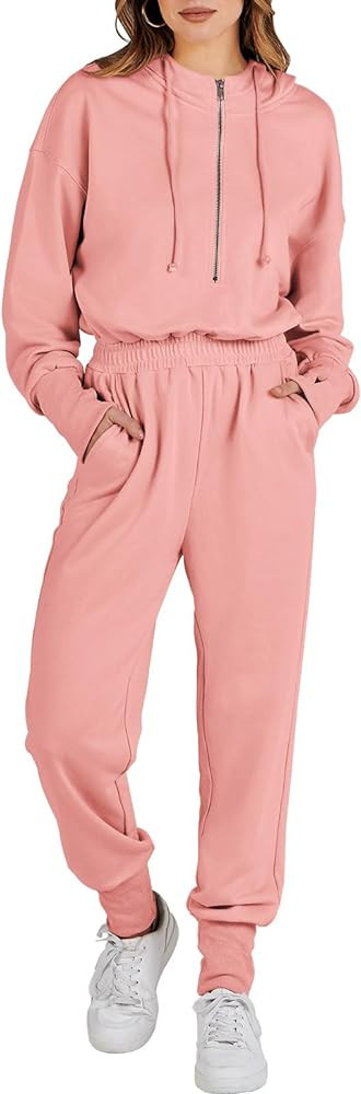 Caracilia Womens Jumpsuit Long Sleeve Zip Up One Piece Casual Lounge Hooded Sweatsuit Sweat Pants... | Amazon (US)