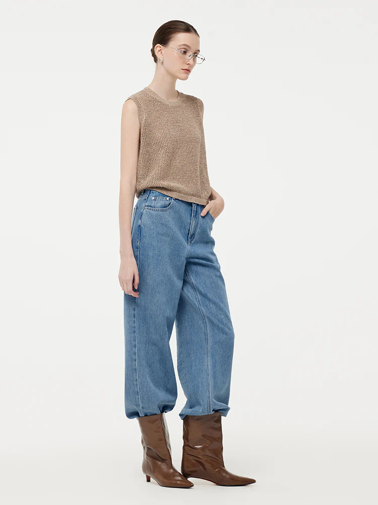 Linen Sequin-Embellished Women Open-Knit Tank Top | GOELIA