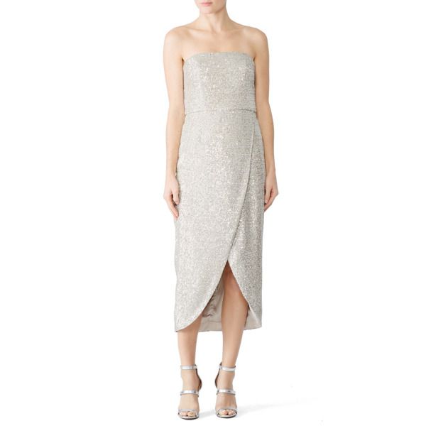 ML Monique Lhuillier Sequin Faux Wrap Dress silver | Rent the Runway